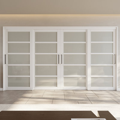 Double porte de garde-robe de 144 po x 80 po à 5 portes en verre givré avec quincaillerie et poignées pour très grand lit, 4 panneaux de porte