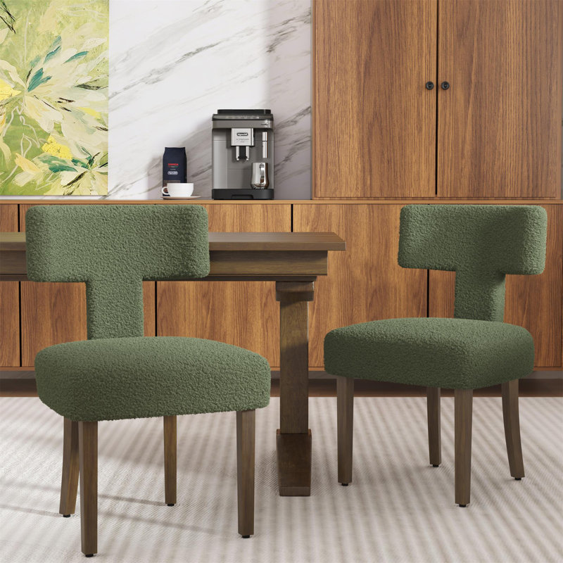 Boucle Lamb T-Shape Dining Chairs Side Chairs (Set of 2), Green