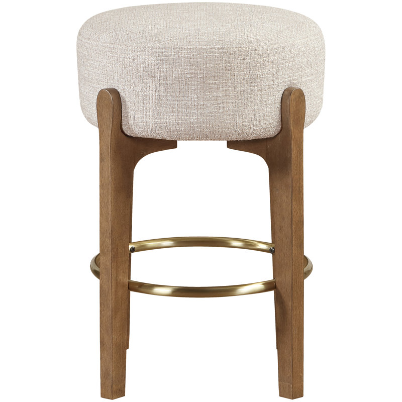 Tabouret de comptoir rembourré en tissu Maud, Siège beige / structure en noyer brun