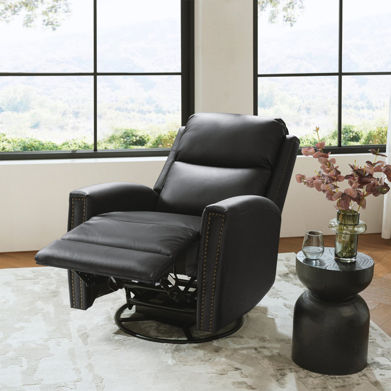 Chikako Genuine Leather Swivel Rocker Manual Recliner, Black Genuine Leather