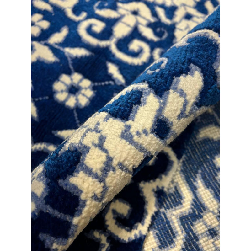 Tapis bleu / blanc en laine / soie / coton fait à la main Ikat