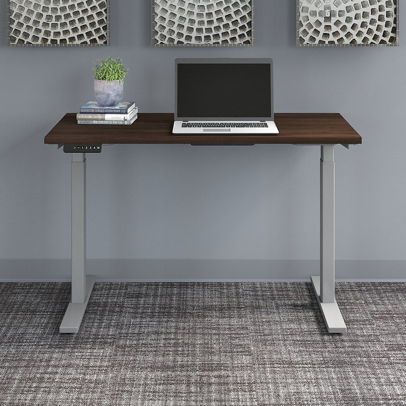 Adjustable Metal Base Standing Desk, Black Walnut/Silver, 47.68" H x 47.59" W x 29.37" D