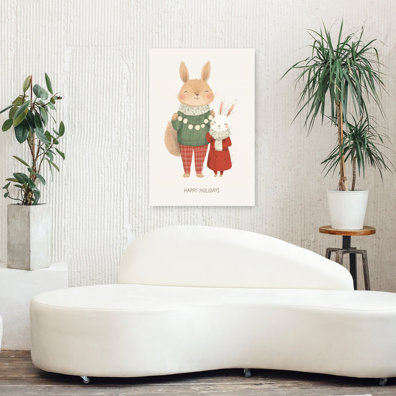 Festive Woodland Friends Contemporary Rabbit Squirrel Forest Winter Wall Art Print 1 Piece Wrapped Canvas Wall Art