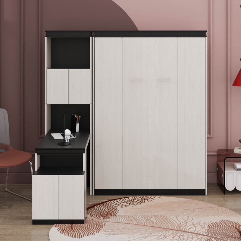 Lit escamotable double avec bureau, tablettes et armoires de rangement