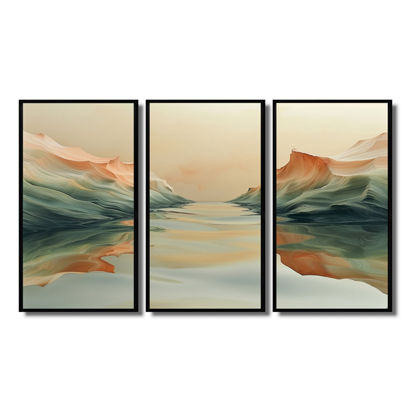 «Green Beige Magical Sunset Dunes II - Desert», ensemble d'art mural, H 28 po x l 36 po, Cadre noir