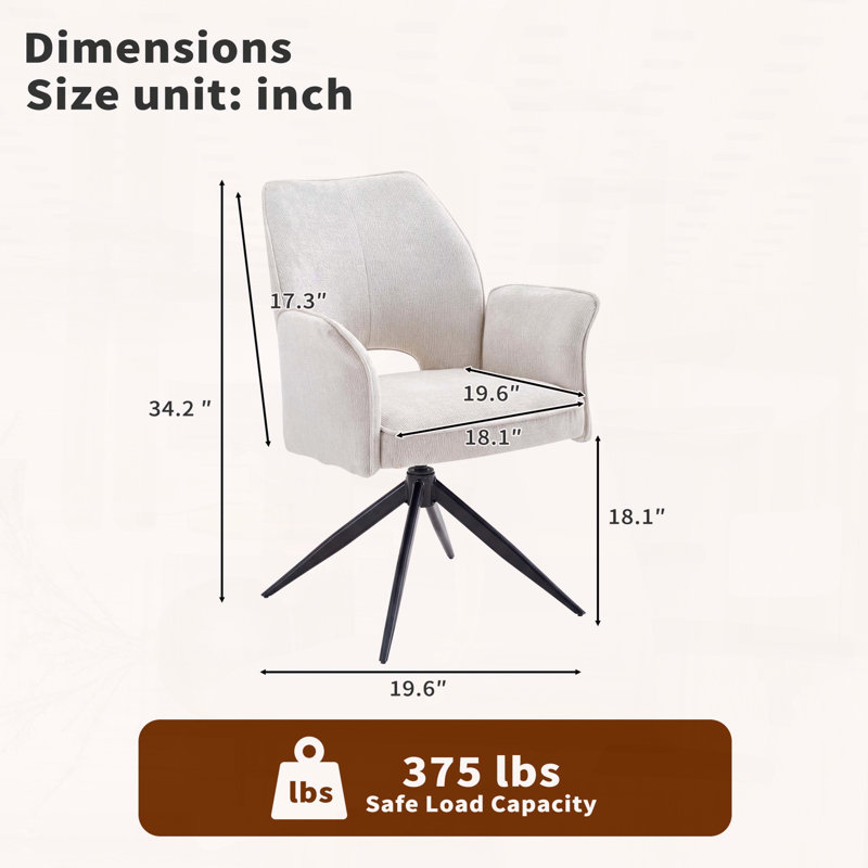 Chaise de salle à manger pivotante en tissu avec fonction rotative et accoudoirs amovibles, ensemble de 2, Blanc