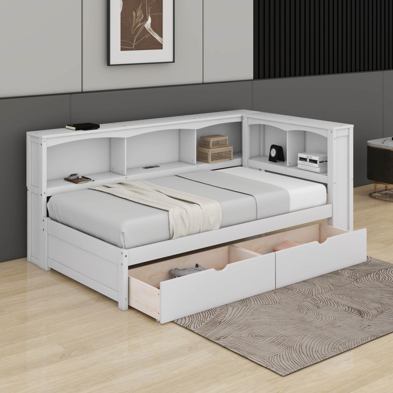 Lit de jour simple avec tiroirs, armoires et ports USB, Blanc