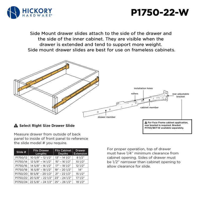 Drawer Slides 22 " Side Mount Self Close - 3/4 Extension 75 lb. Capacity White Finish, 22" H x 1.56" W x 0.38" D