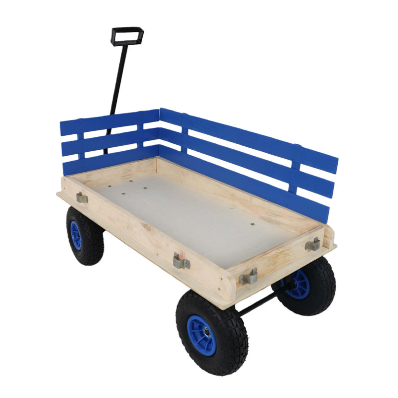 Remorque robuste en bois massif pour enfants avec rails latéraux amovibles et roues tout-terrain pour le jeu en plein air, le jardinage, la plage et le camping.