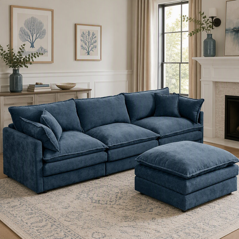Canapé modulaire en U en forme de U avec repose-pieds mobile, revêtement en chenille, L 102 po, Chenille bleu