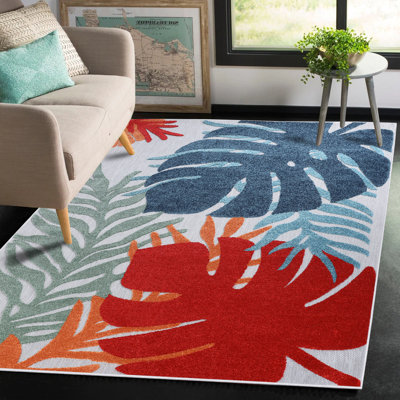 Waikiki Modern Tropical Leaves Coastal Indoor Outdoor Area Rug