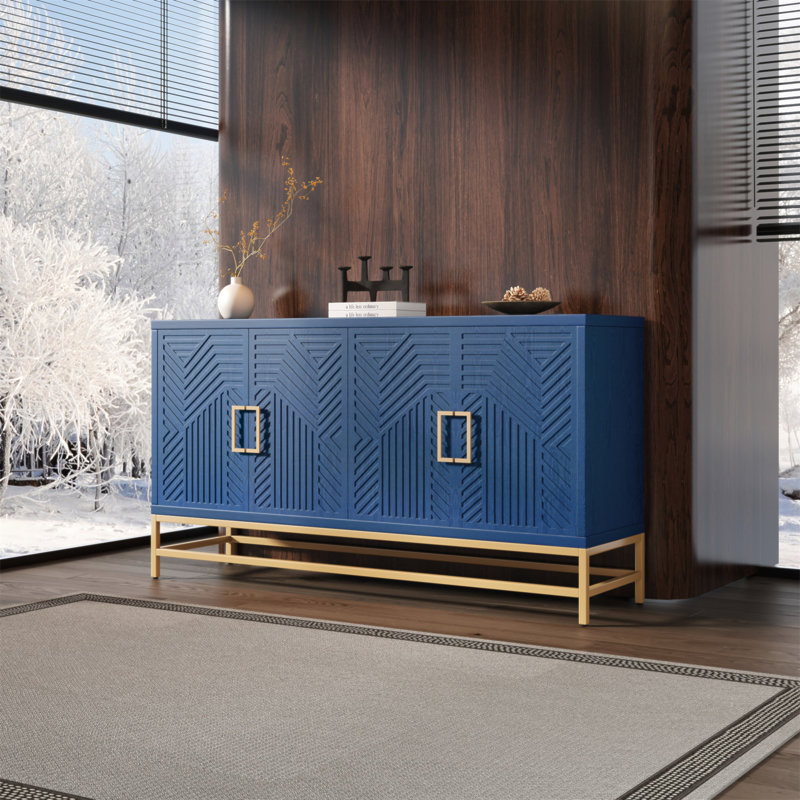 Buffet avec rangement TREXM, armoire avec tablettes réglables, poignées et pieds rectangulaires en métal pour la cuisine, le salon et la salle à manger, bleu marine