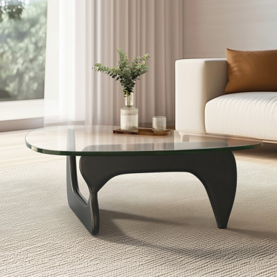 15Mm (0.59") Extra-Thick Glass Triangle Coffee Table With Solid Wood Base, Mid-Century Modern Style
