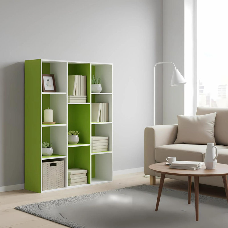 Luder 11-Cube Reversible Bookcase White and Green Cube Storage Kids Room Organizer Decor, White/Green