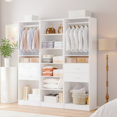 3-Piece Set: 74.4"W Wardrobe Storage System With 4 Wooden Drawers, Adjustable Shelves And Hanging Rod