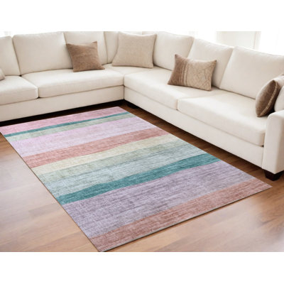 5' X 8' Pink Green and Purple Juvenile Rainbows Youthful Area Rug