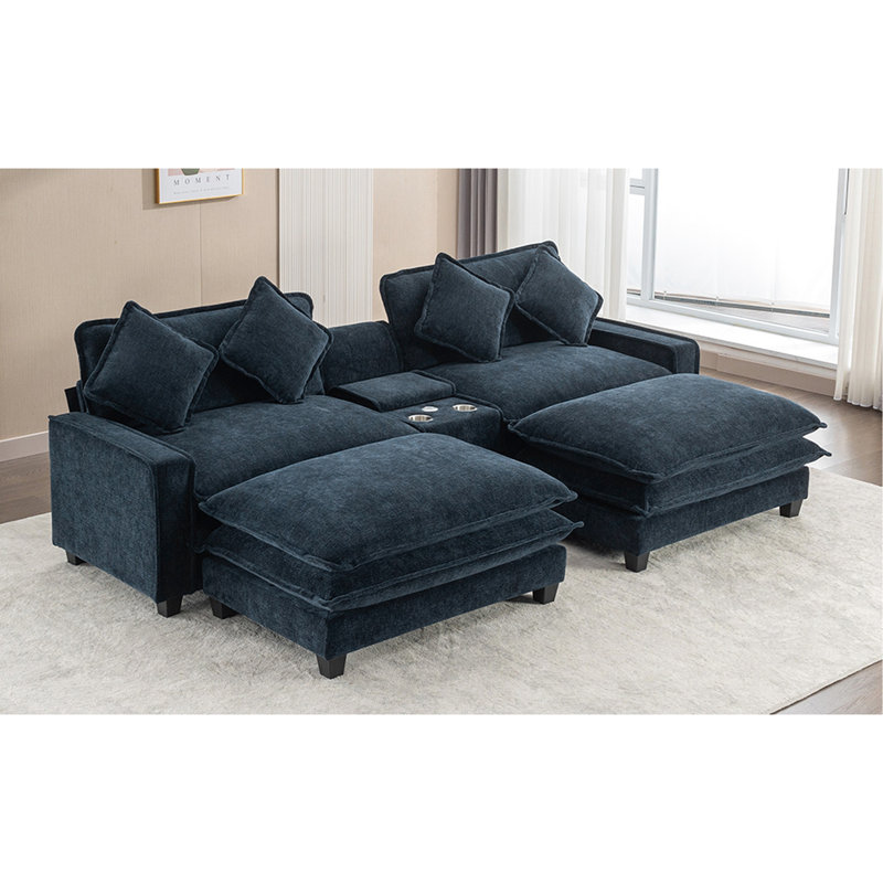 111 po en chenille bleue, double coussin, porte-gobelet, porte-gobelets et grand rangement caché de style américain, avec hublots, repose-pieds amovibles