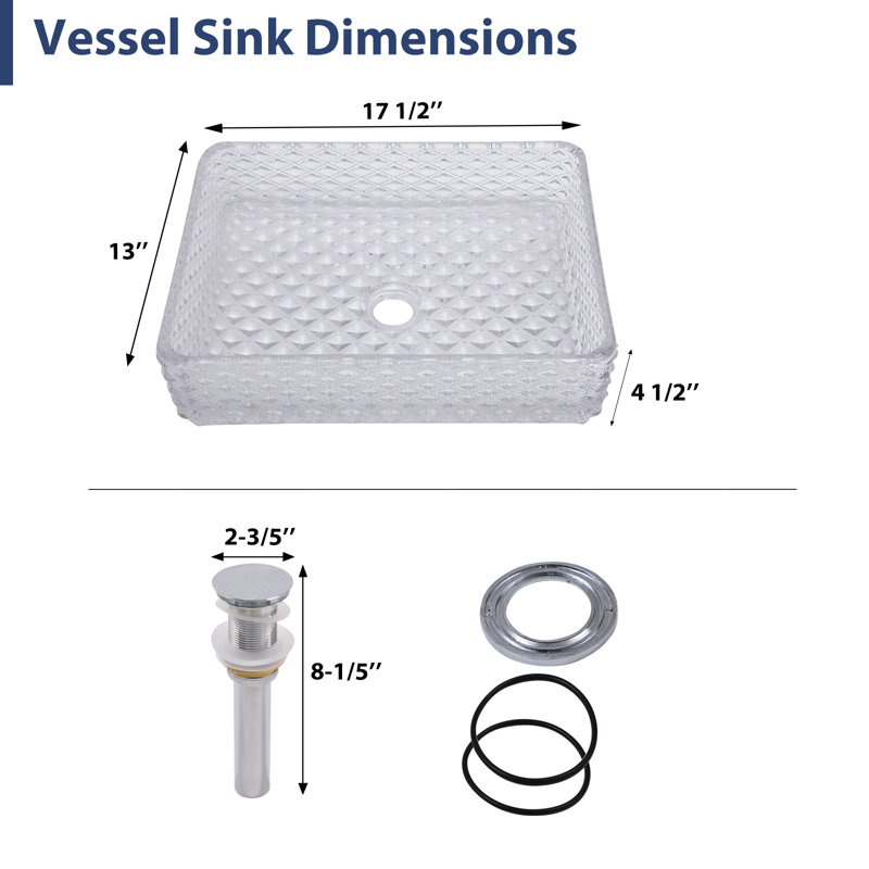 17"L x 13"W Tempered Glass Bathroom Sink Rectangular Bathroom Vessel Sink with Pop-up Drain, Clear, 17"L x 13"W