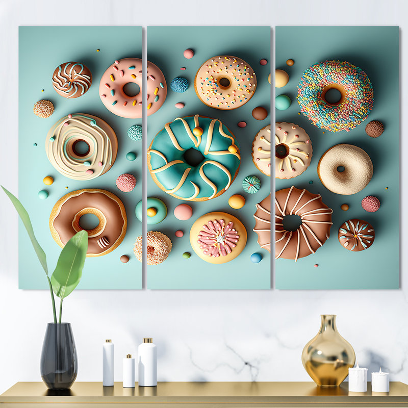 " Colorful Donuts Flatlay V " 3 - Pieces, 28" H x 36" W x 1" D, Wrapped Canvas