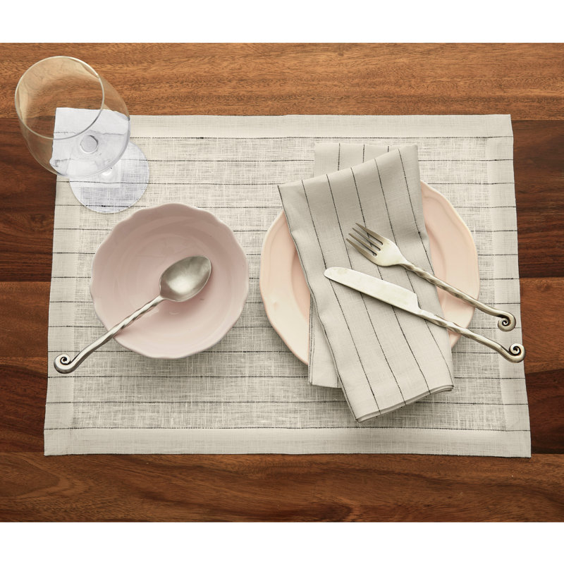 Pinstripe - 100% Pure Linen Dinner Napkins, Ivory/Black