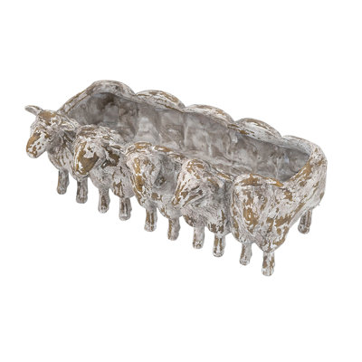 Boîte à fleurs décorative antique en résine vieillie blanche à cinq moutons, contenant de plantes grasses rustique pour animaux de ferme, pot floral de table de 12,2 pouces de longueur pour la décoration intérieure de la cuisine de l'entrée