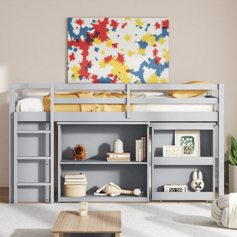 Kids MultiFunctional Loft Bed with Pulling -Out Desk and Safety Guardrail, Grey