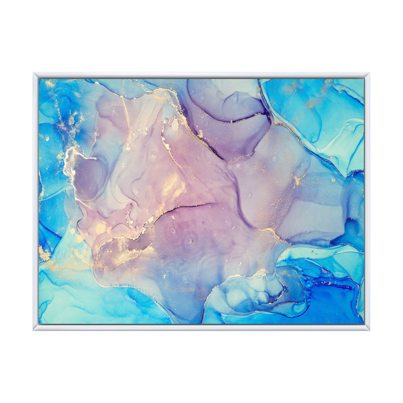 «Blue and Pink Marble Ink Clouds II», peinture sur toile, Cadre flottant blanc, H 12 po x l 20 po x P 1 po
