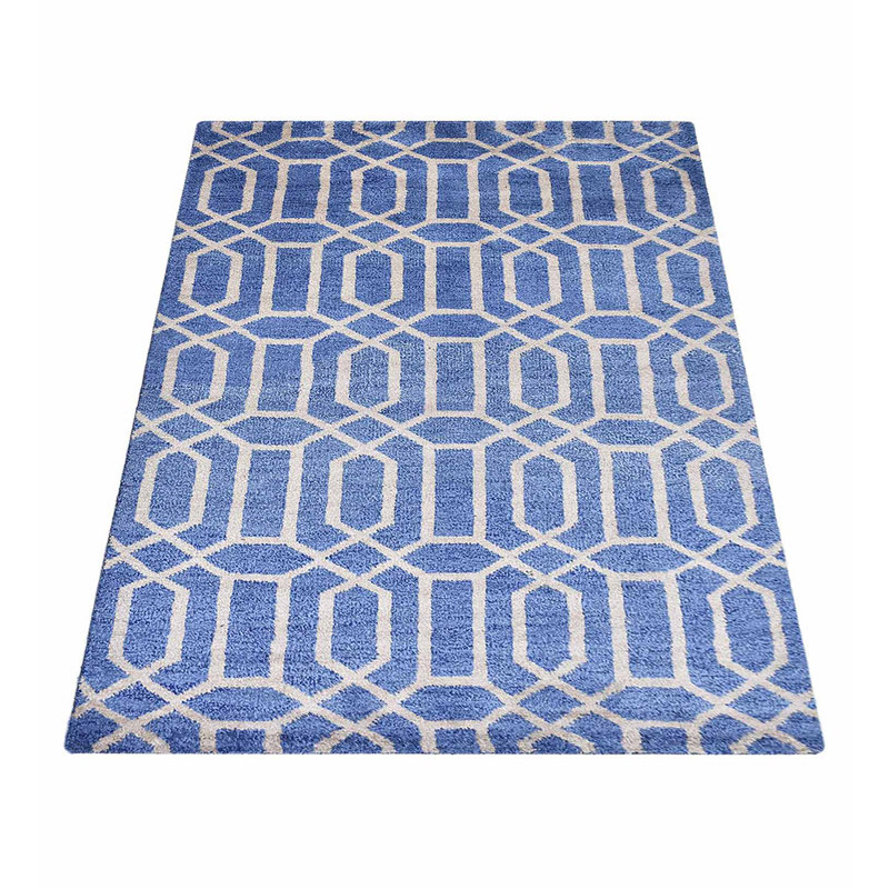 Bleu | Tapis beige géométrique en laine beige fait à la main, Rectangle de 5 pi x 8 pi