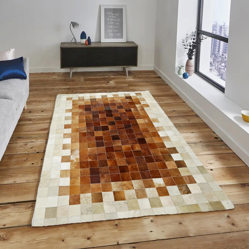 Tapis brun en peau de vache patchwork, taille personnalisée, Rectangle de 10 pi x 14 pi