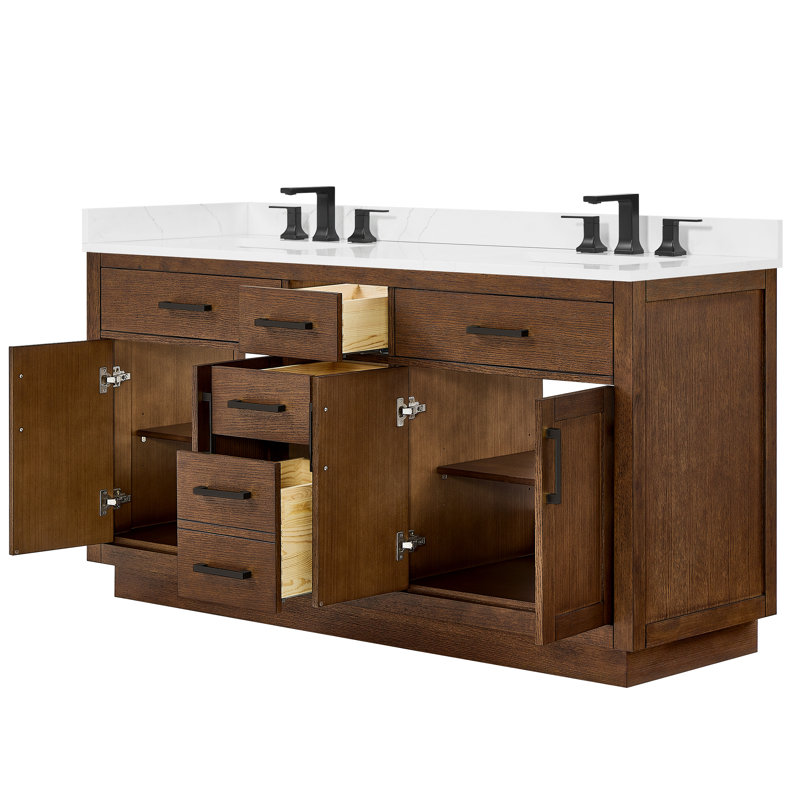Ensemble de meuble-lavabo double 66 po Beckett, Chêne foncé, Noir mat, Quartz Giotto