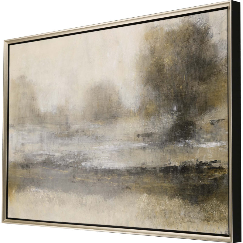 Neutral Beige and Gold Abstract Landscape Canvas with Silver Frame