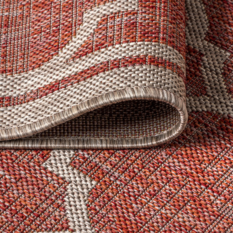 Hague Moroccan Trellis Textured Weave Red/Beige Indoor/Outdoor Rug, Runner 2'2" x 8'