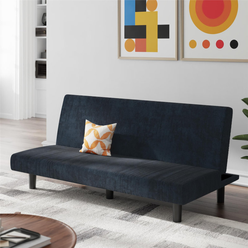 Canapé-lit sans accoudoirs de style Mid-Century Shadana Corduroy, Velours côtelé bleu marine