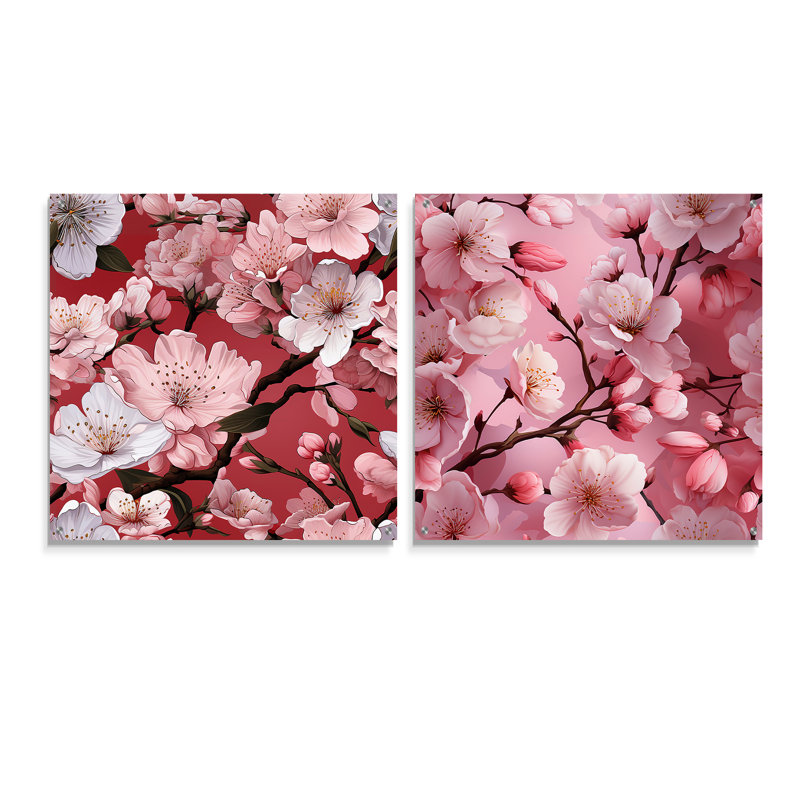 Rose Sakura Blossoms Floral - Japon, ensemble d'art mural acrylique sur verre, ensemble de 2, H 36 po x l 73 po
