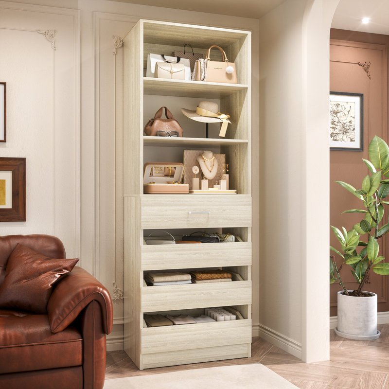 Système d'organisation sur pieds avec armoire à 4 tiroirs Rushville, Chêne blanchi