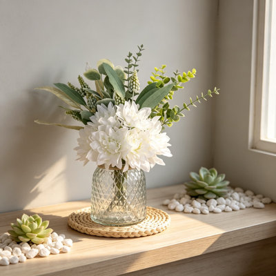 Faux Flowers with Vase, Artificial Silk Flowers in Glass Vase, Fake Eucalyptus and Willow Plant Arrangement, White Farmhouse Kitchen Dining Table Centerpiece Decor for Coffee Table, Rustic Home Decoration