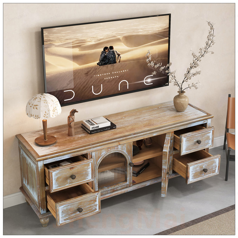 Meuble télé 60 po avec 4 tiroirs, 2 portes en verre, console multimédia en bois rustique et centre de divertissement vieilli pour un décor moderne et rétro