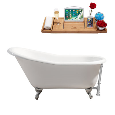 60" Streamline Clawfoot Soaking Cast Iron Bathtub With Drain, Clawfeet, and Bamboo Tray