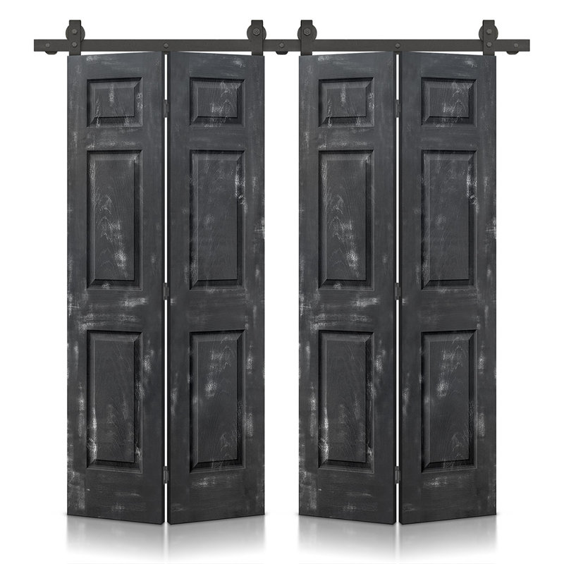 Paneled MDF Composite Double Bifold Barn Doors with Installation Hardware Kit, 80" H x 48" W, Vintage Black