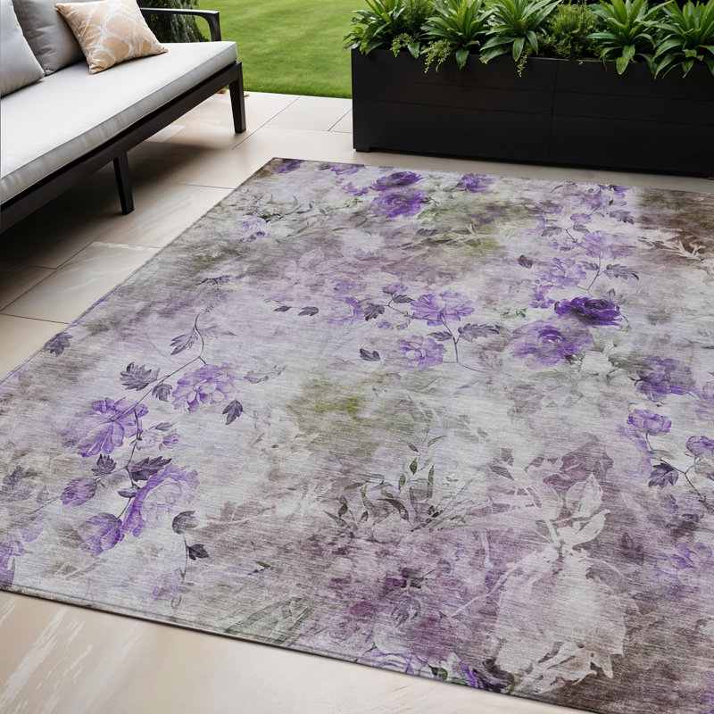 Tapis extérieur lavable floral mauve lavande et artichaut 5 pi x 8 pi
