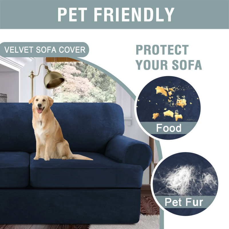 Velvet Arm Chair Sofa Cover with 1 T Cushion Sofa Slipcover for Living Room, Navy, 40" H x 48" W x 39" D