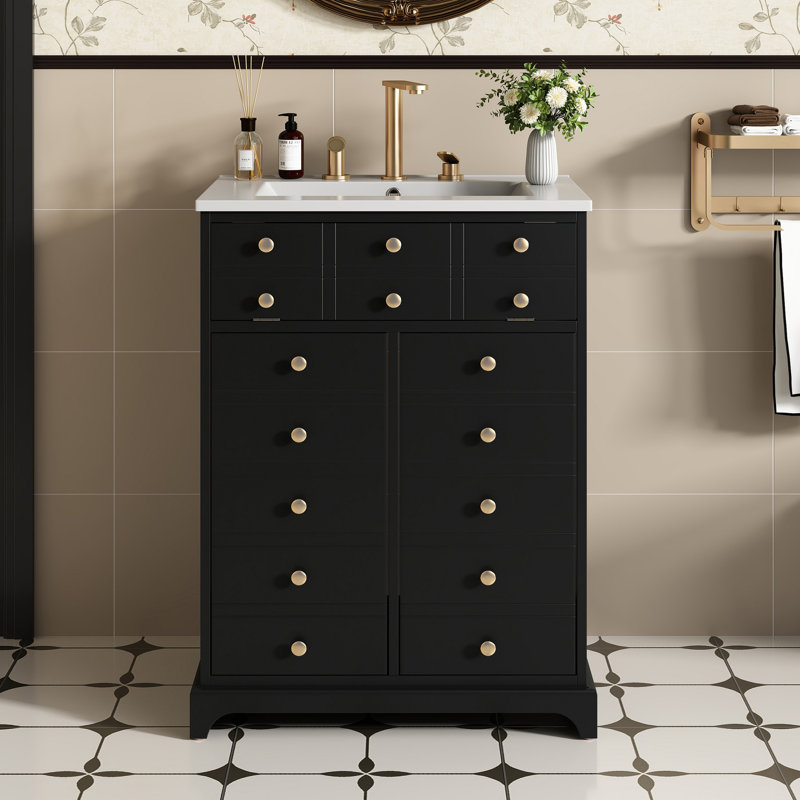 Meuble-lavabo de 24 po avec tiroir et deux portes à fermeture en douceur, armoire de rangement peinte moderne avec lavabo en céramique, meuble-lavabo simple élégant pour les petits espaces