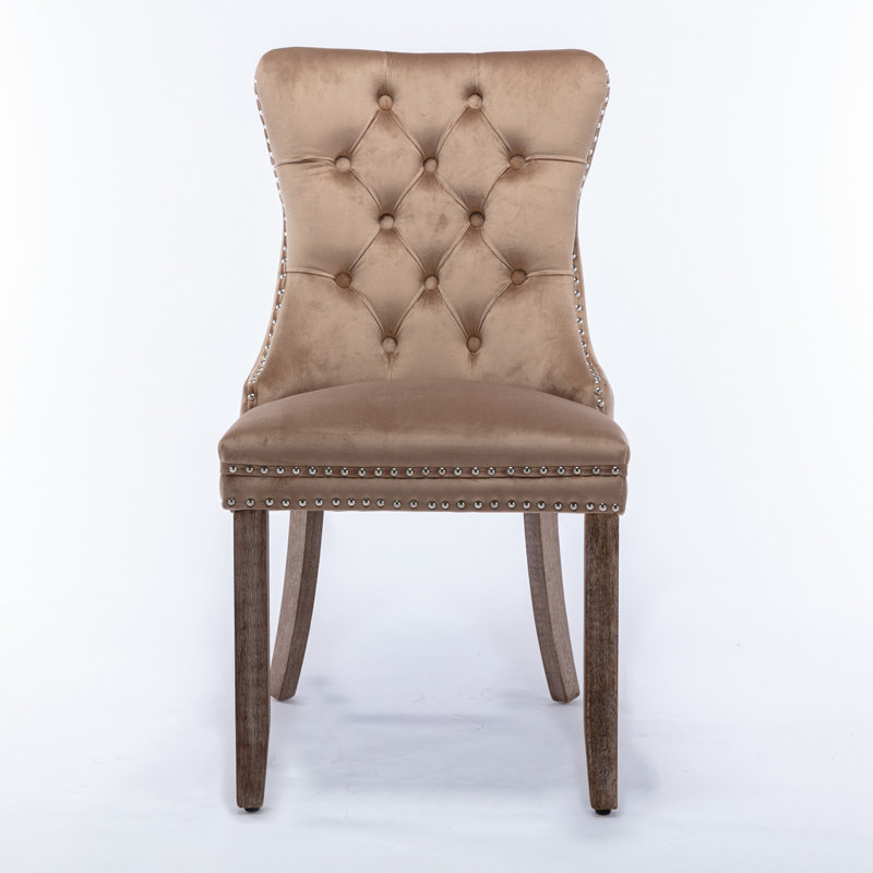 Chaise à dossier haut en bois massif - Coussin moelleux rebond, garniture de rivet, assemblage facile, Naturel, Kaki