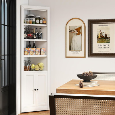 Armoire de coin 71 po en métal blanc avec 5 tablettes réglables et portes inférieures - armoire de rangement en coin autoportante pour la cuisine, la salle de bain et le salon