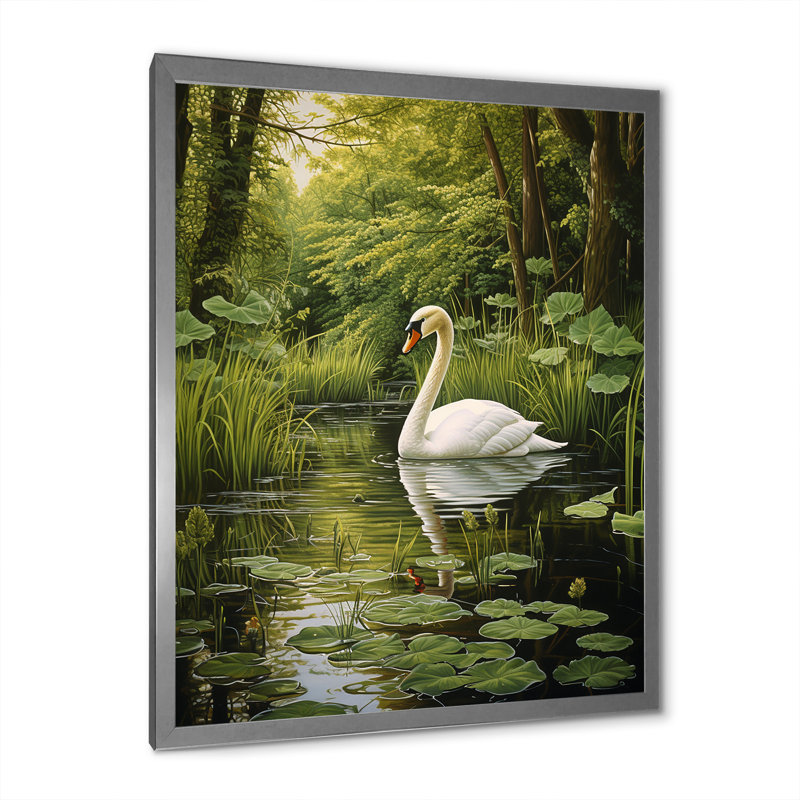 Art mural sur toile, "Swans Refuge By The Lake", Cadre simple argenté, H 32 po x l 24 po