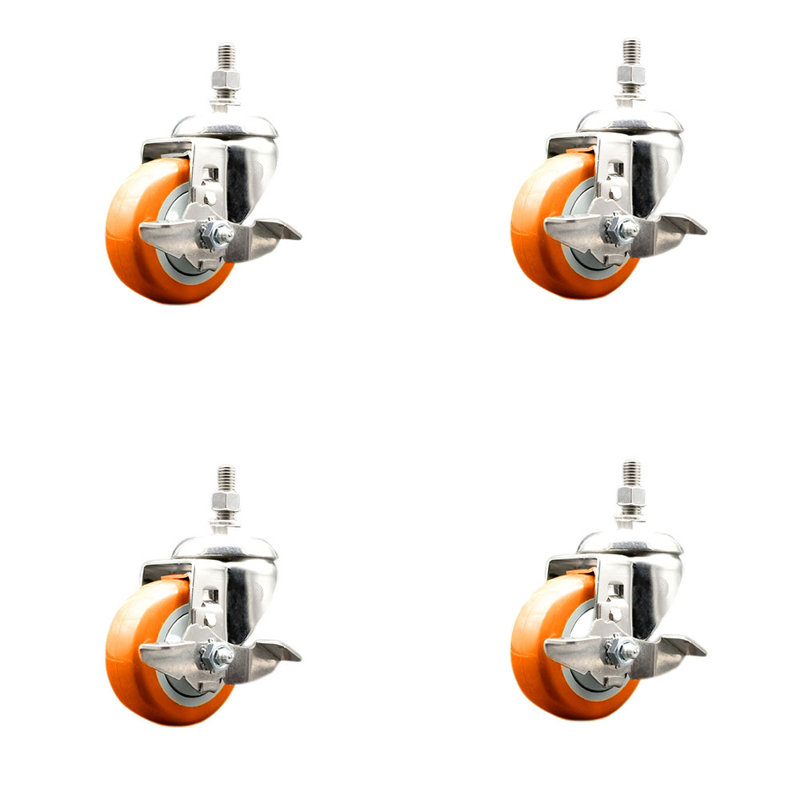 Ensemble de frein à roulettes à tige filetée 3,5 pouces de 3,5 pouces en polyuréthane orange de 3/8 pouce
