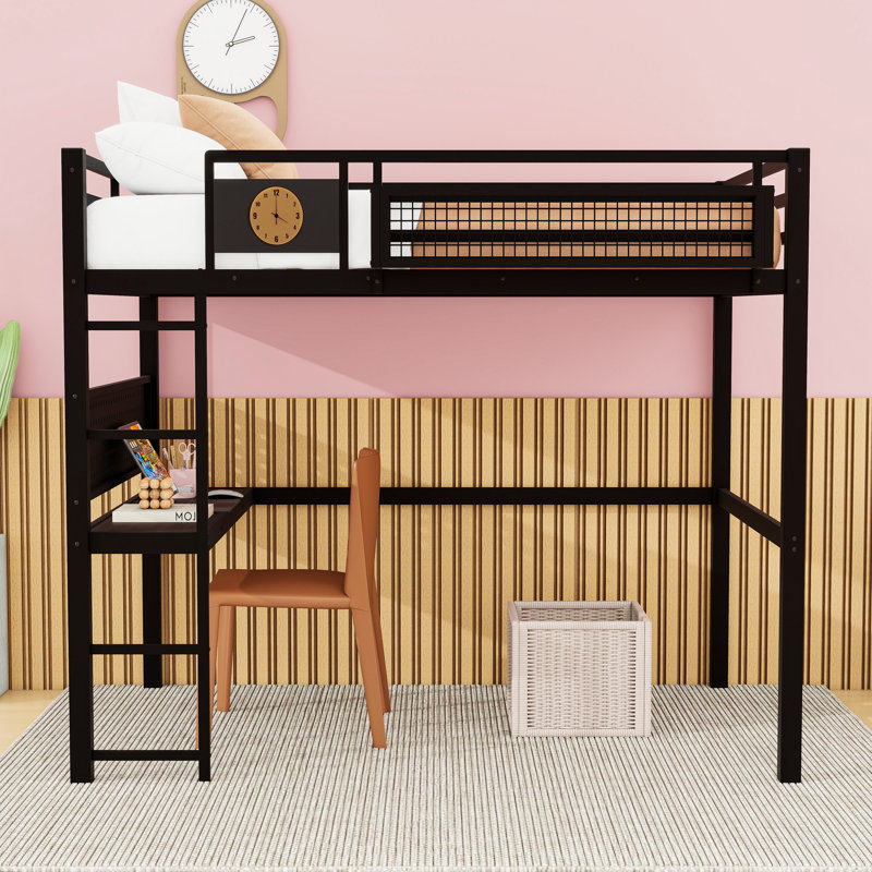 Metal Loft Bed with Side Clock and Storage Basket, Full