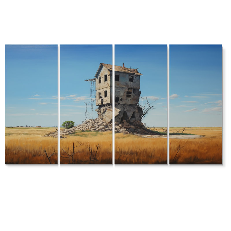 Abandonné Lonely Country House On The Prairie - ensemble d'art mural paysage 4 pièces, H 28 po x l 48 po