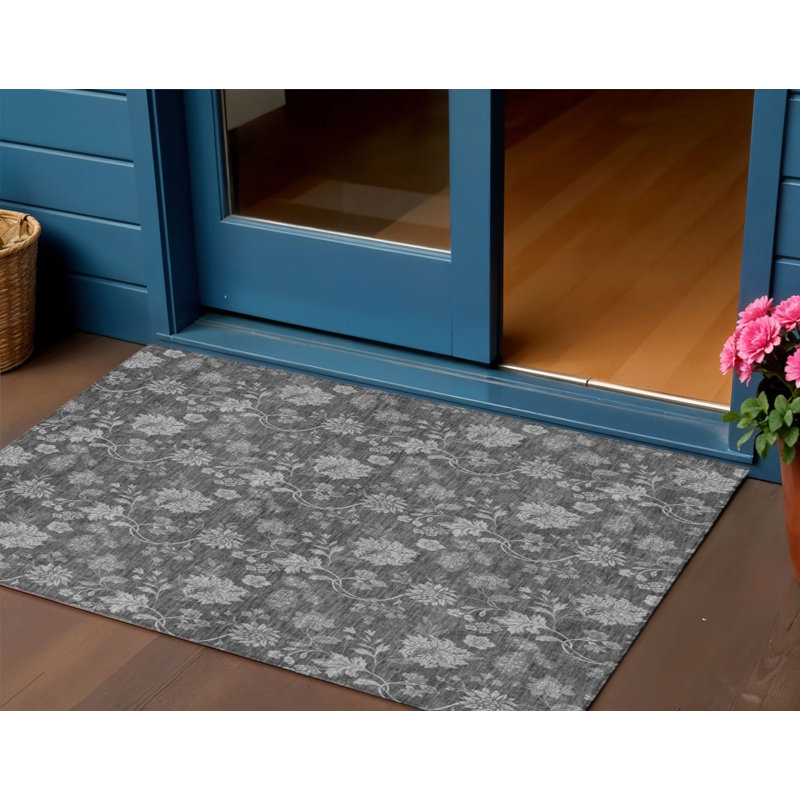 3' X 5' Gray Charcoal Floral Washable Indoor Outdoor Area Rug