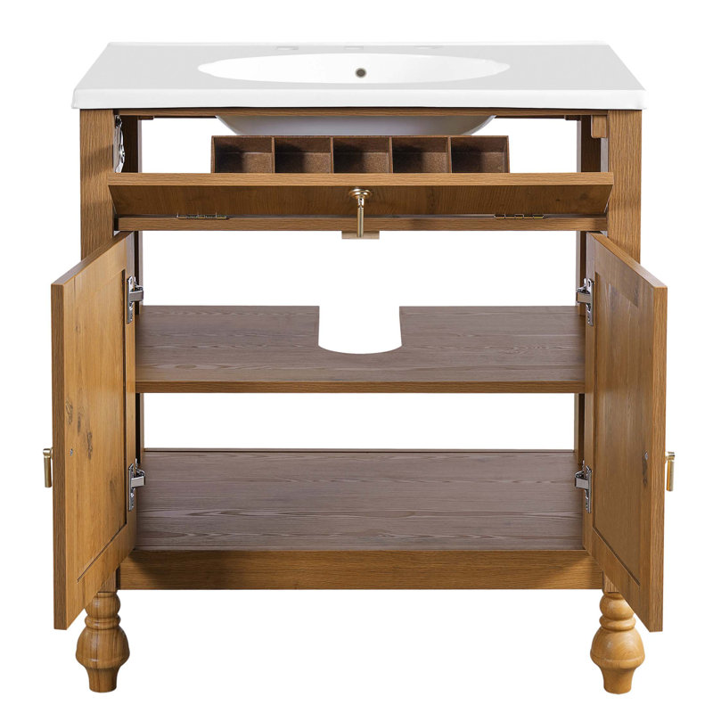 Meuble-lavabo de 30 po, lavabo en résine coquillage, rangement escamotable et portes à fermeture en douceur